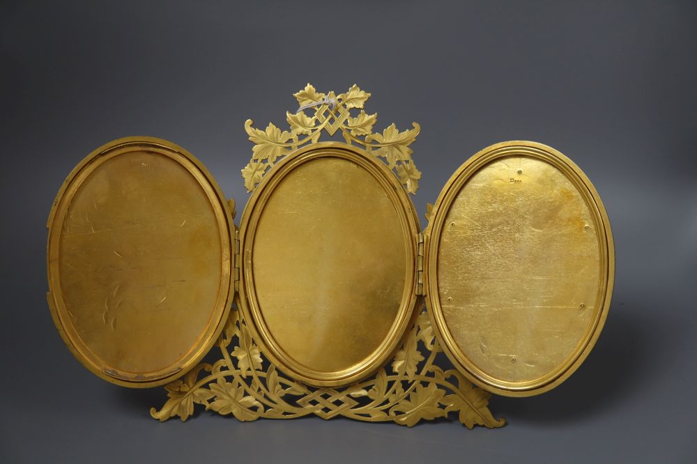 A Victorian ormolu triptych photograph frame, with banded agate mounts, height 23cm